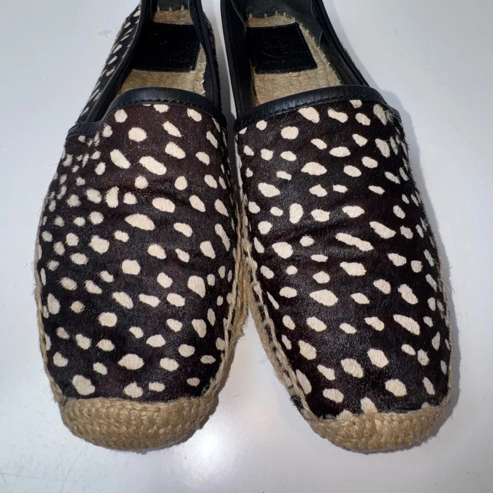 Tory‎ Burch Espadrille Flats Womens 8.5 Black Cream Animal Print Calf Hair Logo